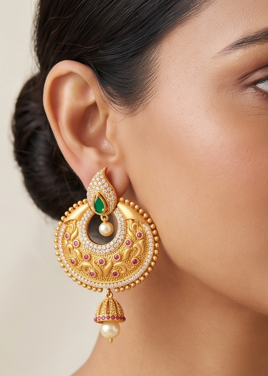Matte finish cz ruby-emerald mango bali earrings -dj11683