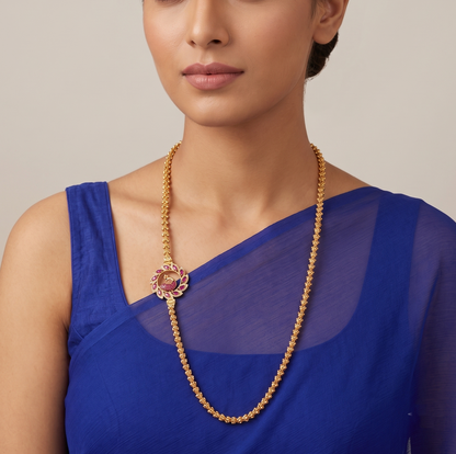Gold Plated Cz-ruby Peacock Mugappu Chain dj-11709