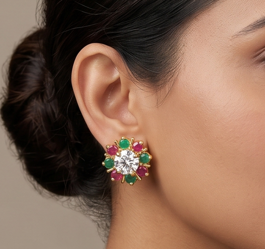 Gold Tone Ad Stones White Ruby-emerald flower Stud -dj11726