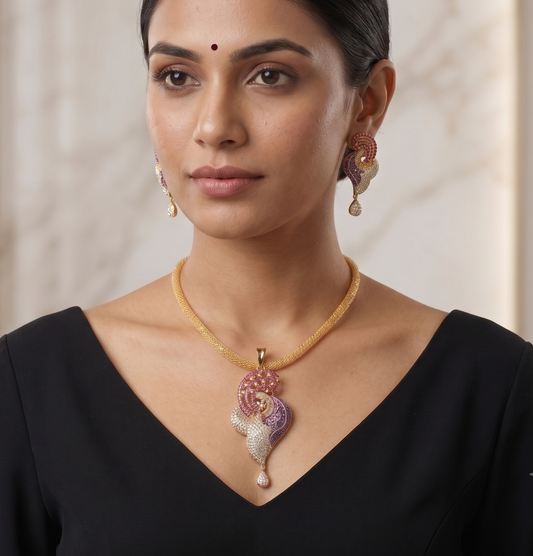 Gold Tone Cz Ruby Purple Necklace Set-dj11737