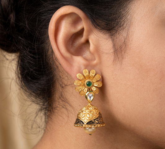 Matte Finish Green Kundan Flower Jhumkka -dj11755