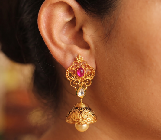Matte Finish Pink Kundan Floral Jhumkka -dj11757