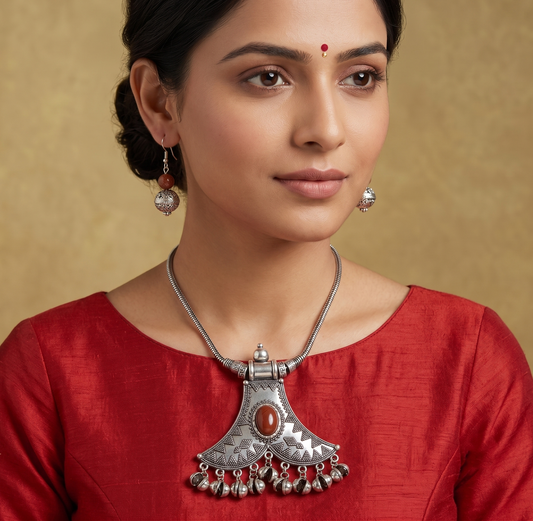 Oxidised Silver Brown Chain/Necklace Set-dj11789