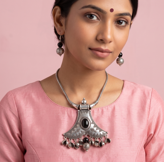 Oxidised Silver Black Necklace Set-dj11793