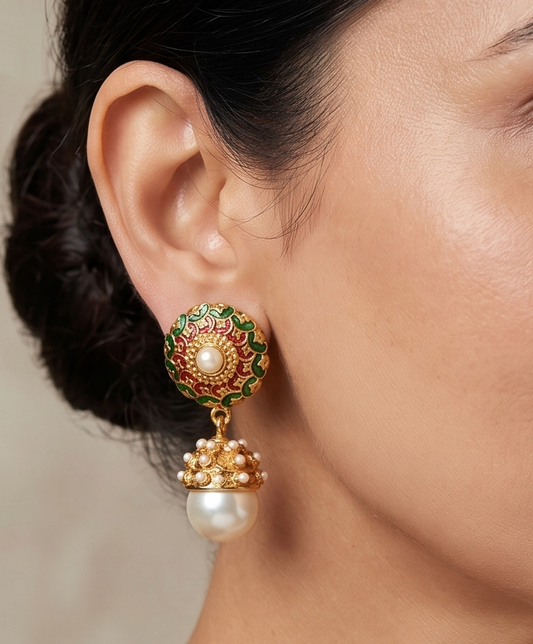 Antique Pink-green Pearl Meenakari Earrings-dj11848