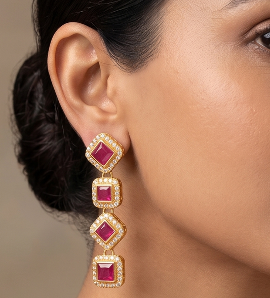 Gold tone Cz-ruby Square stone Earrings -dj11854