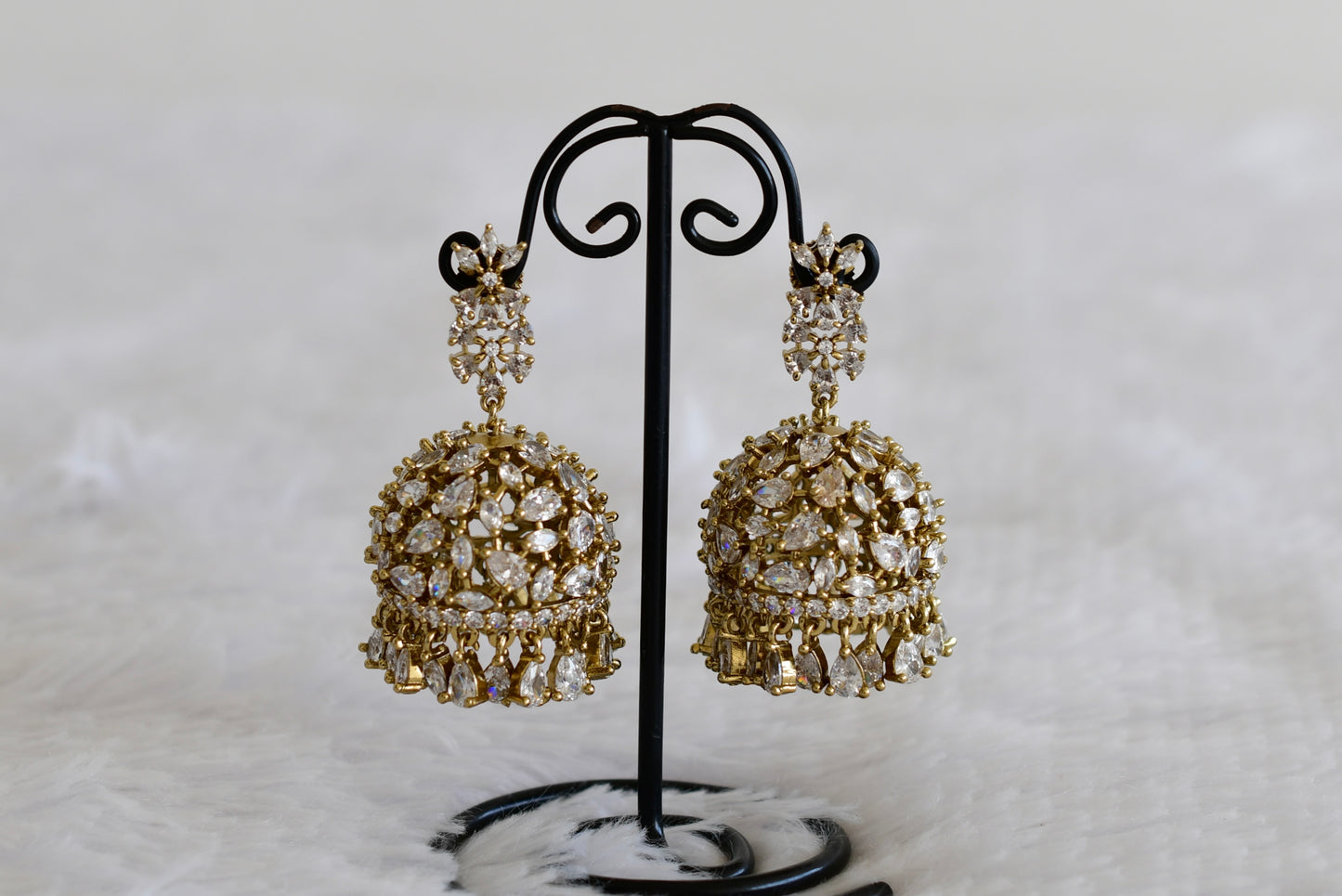 Antique gold tone white floral big jhumkka dj-52556