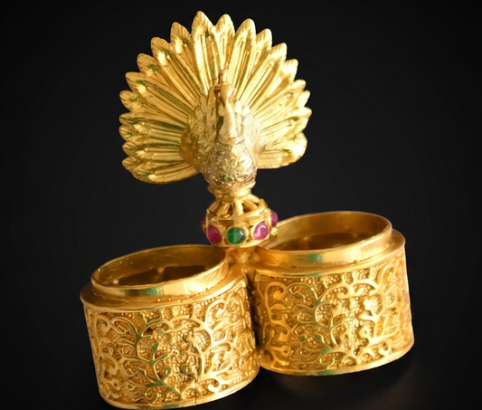 Gold tone ruby-emerald peacock kumkum box dj-11919