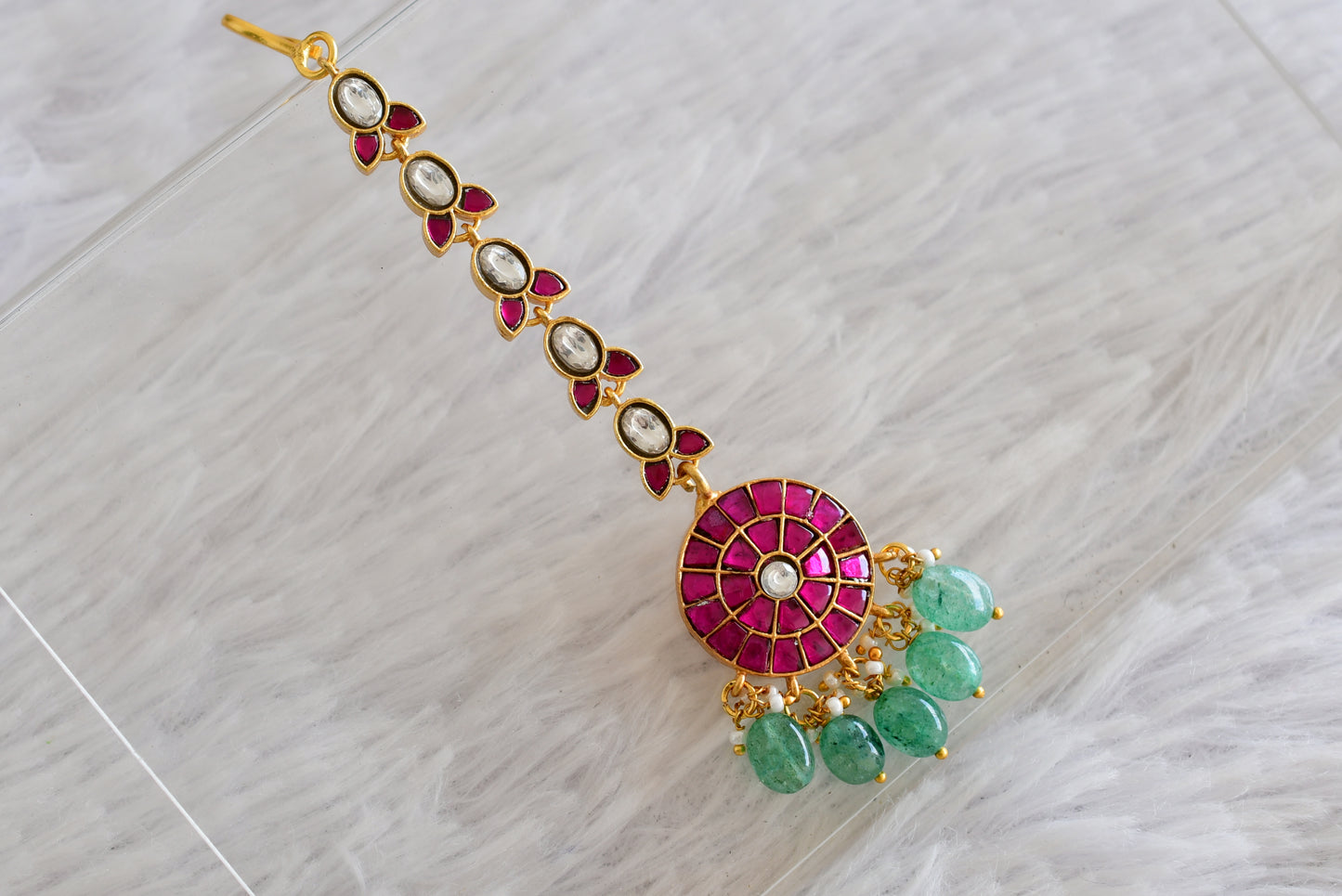 Gold tone pink-green kundan jadau green beaded round tikka dj-52500