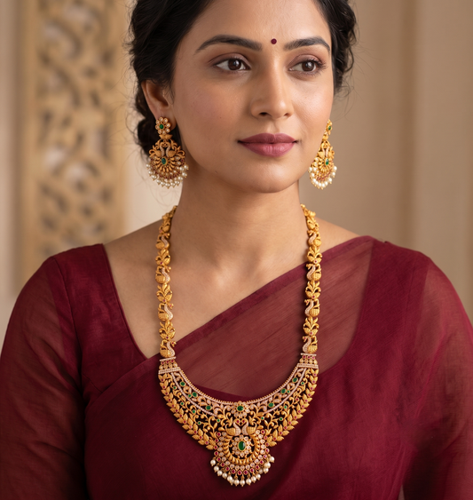 Matte finish cz ruby-emerald peacock haar set dj-11947