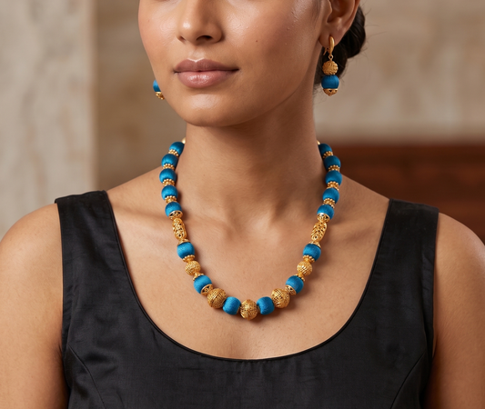 Matte Finish Silk Thread Blue Necklace Set-dj11960