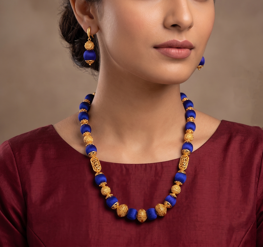 Matte Finish Royal Blue silk thread beaded Necklace Set-dj11961