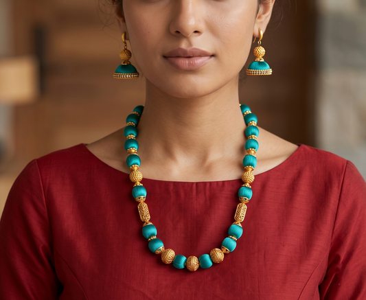 Matte Finish Peacock green Silk Thread Necklace Set-dj11962