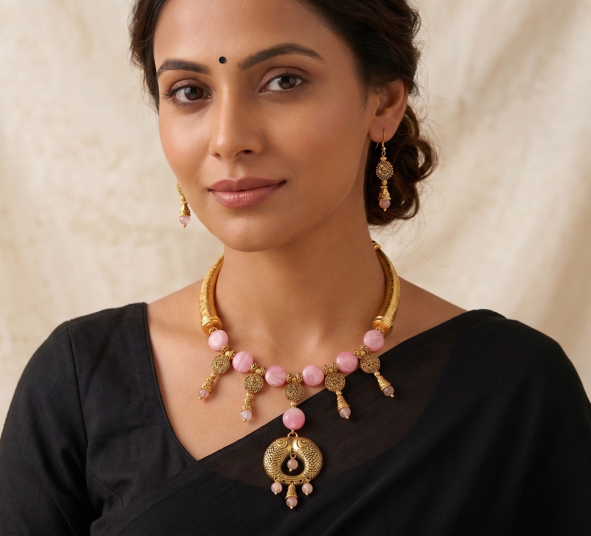 Handmade Antique Charms Pink Coin Faceted Beads Kante Necklace Set d-j11963