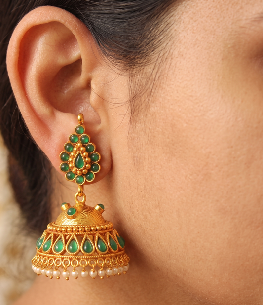 Antique gold tone green pearl Jhumkka -dj11994