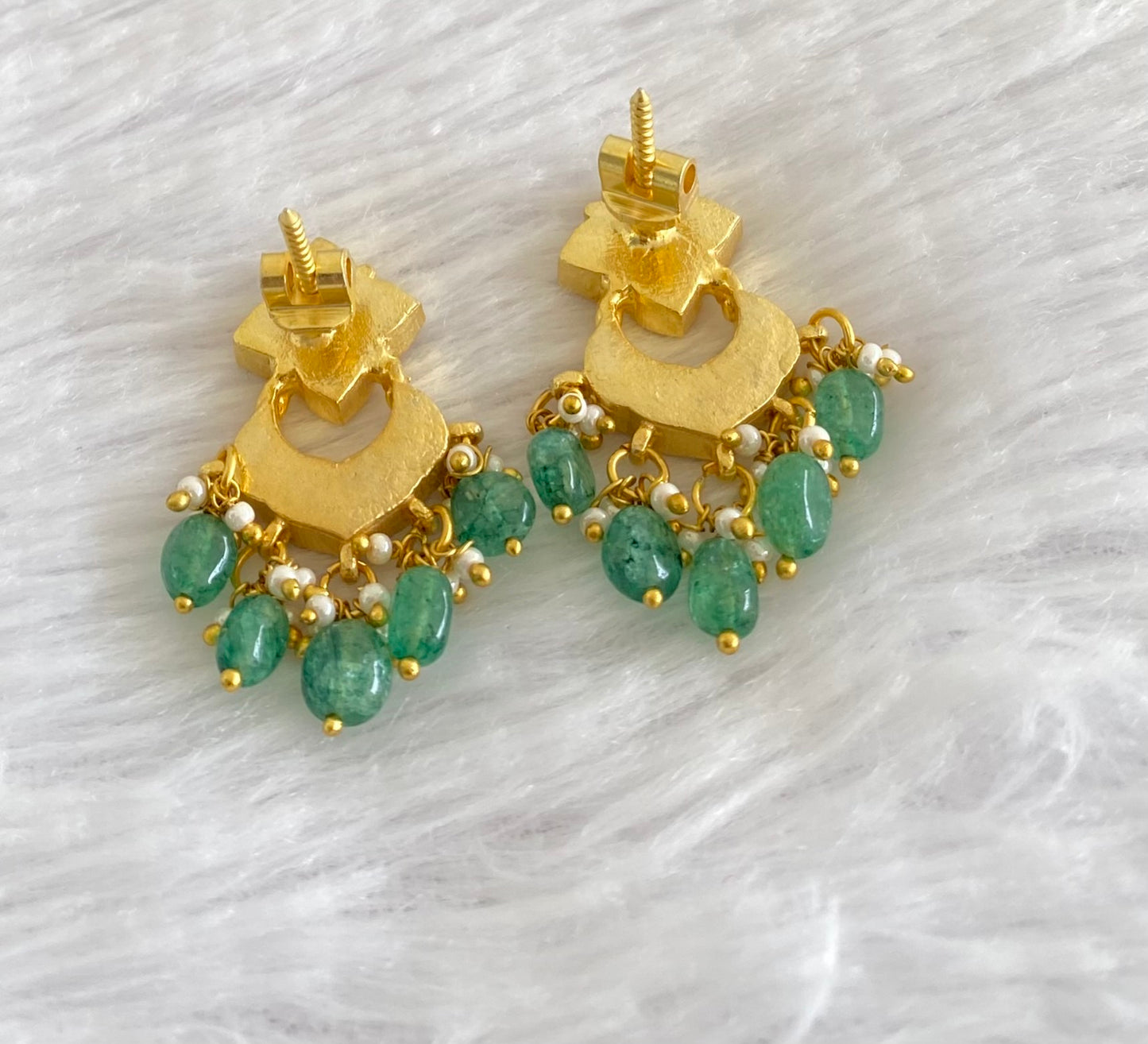 Gold tone white-green stone green beaded kundan jadau bali earrings dj-53558