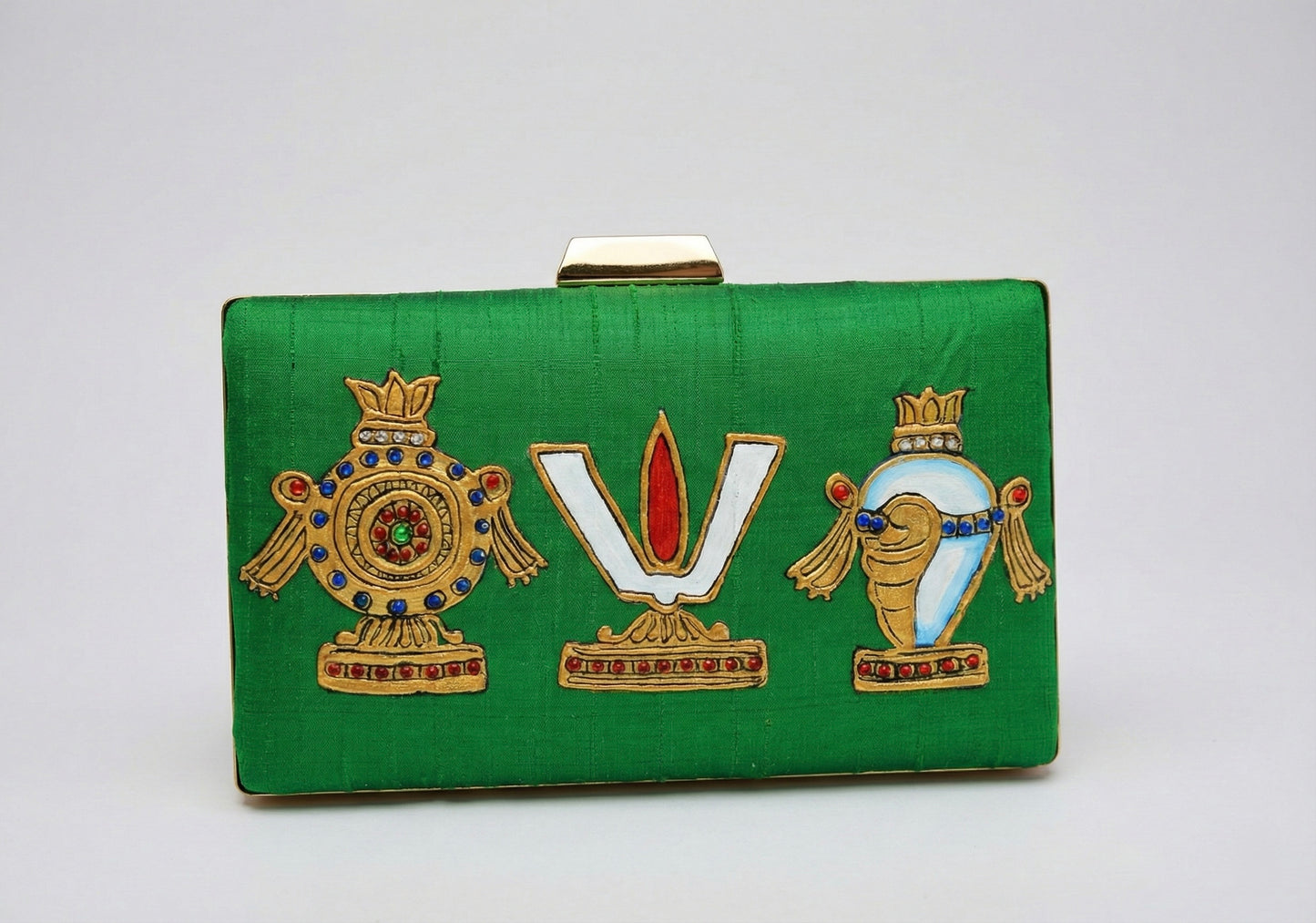 Tanjore painted green silk clutch dj-52657