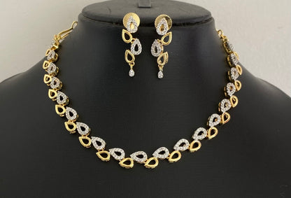 Two tone cz white stone necklace set dj-54346