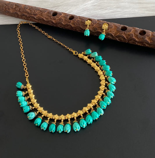 Antique gold tone green tulip beaded necklace set dj-54191