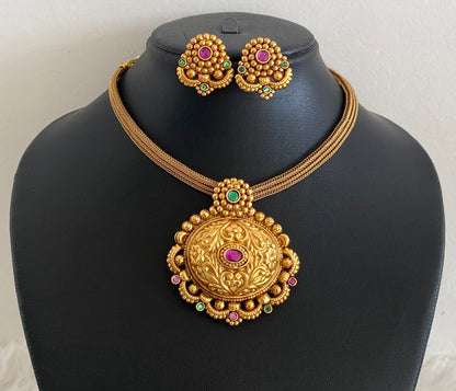 Antique gold tone pink-green stone choker necklace set dj-54963