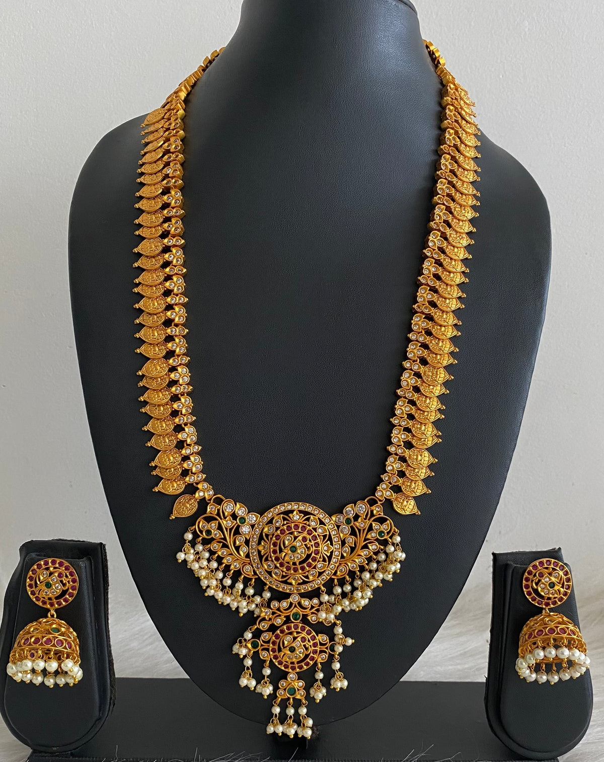 Matte finish ruby-emerald-white pearl lakshmi coin haar set dj-54996