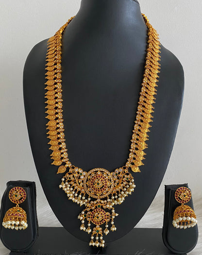 Matte finish ruby-emerald-white pearl lakshmi coin haar set dj-54996