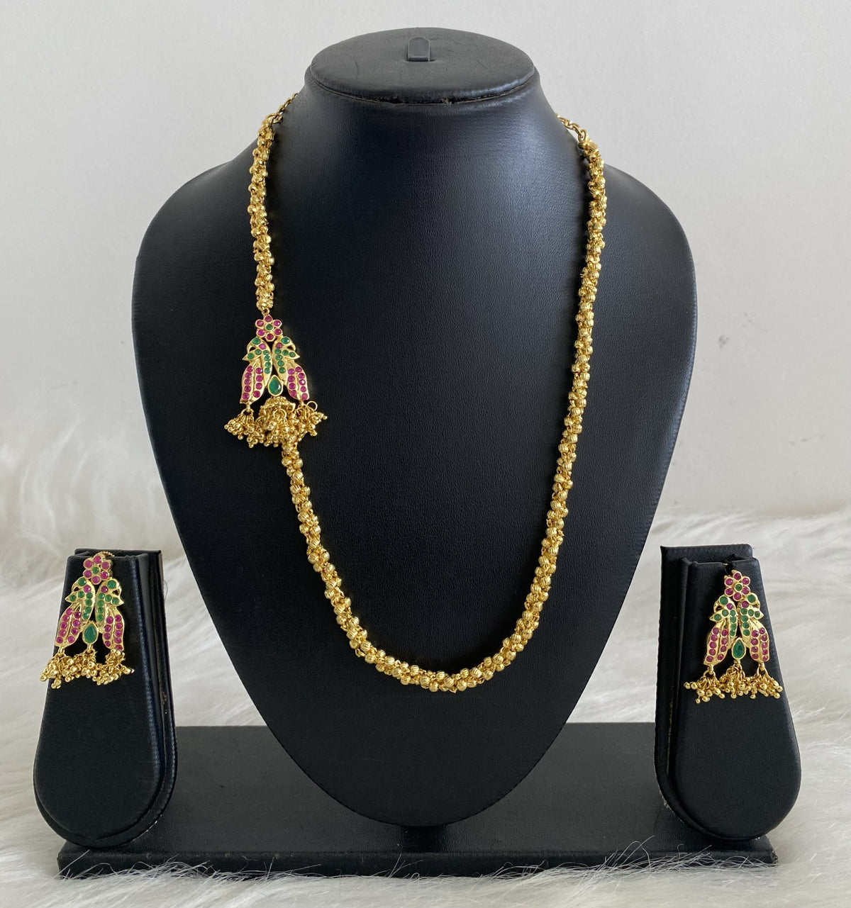 Gold tone ruby emerald mugappu necklace set dj-03237
