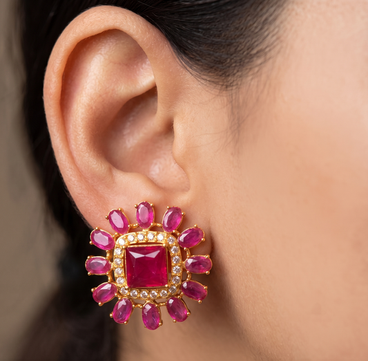 Gold Tone Cz-ruby square Stone Stud -dj12024
