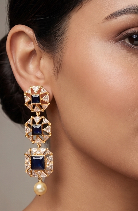 Gold Tone dark blue Square stone earrings -dj12036