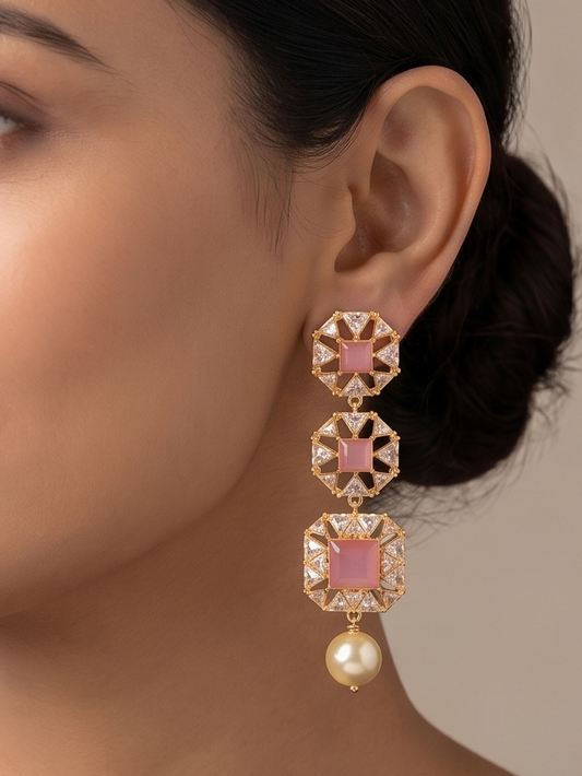 Gold Tone Baby Pink Square stone earrings -dj12038