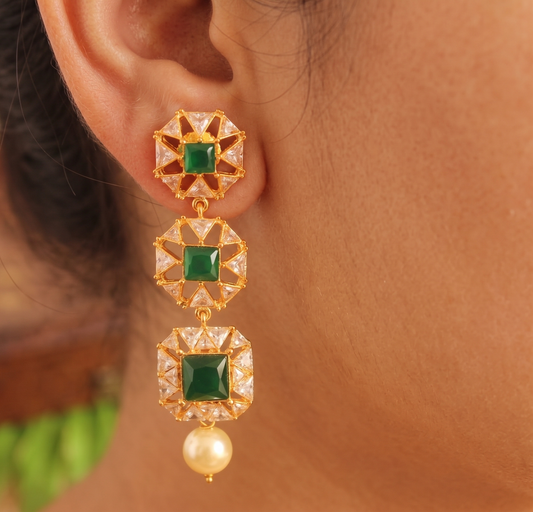 Gold Tone Square stone Emerald Earrings-dj12039