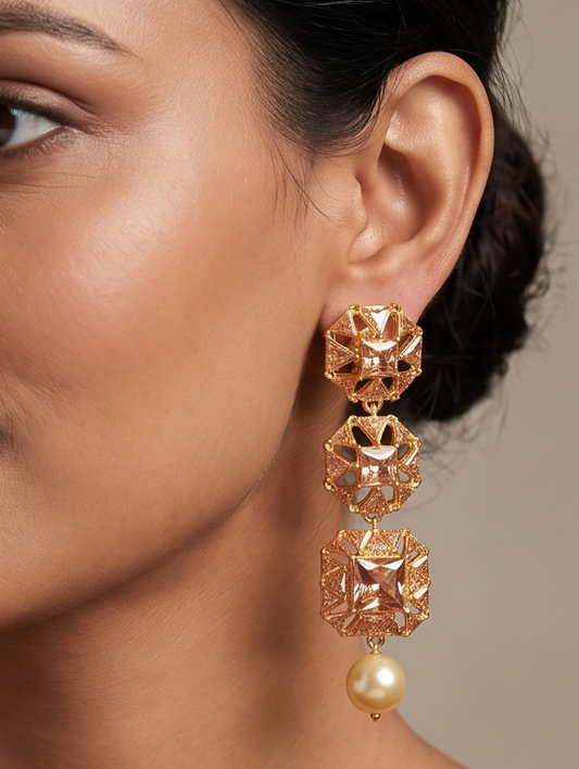 Gold Tone Square stone Earrings-dj12040