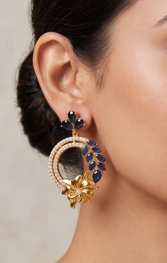 Gold Tone Cz-blue Flower Earrings -dj12045
