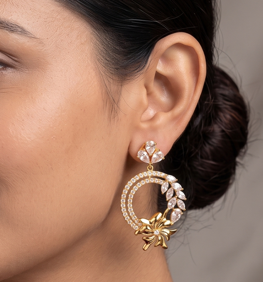Gold tone Cz-flower Earrings -dj12050