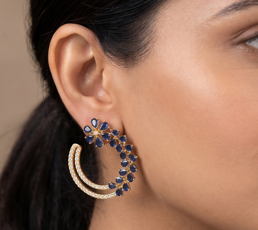 Gold tone Cz-blue flower Earrings -dj12051