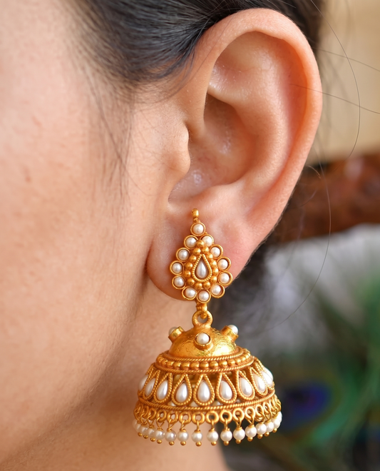 Antique gold tone pearl jhumkka dj-12084