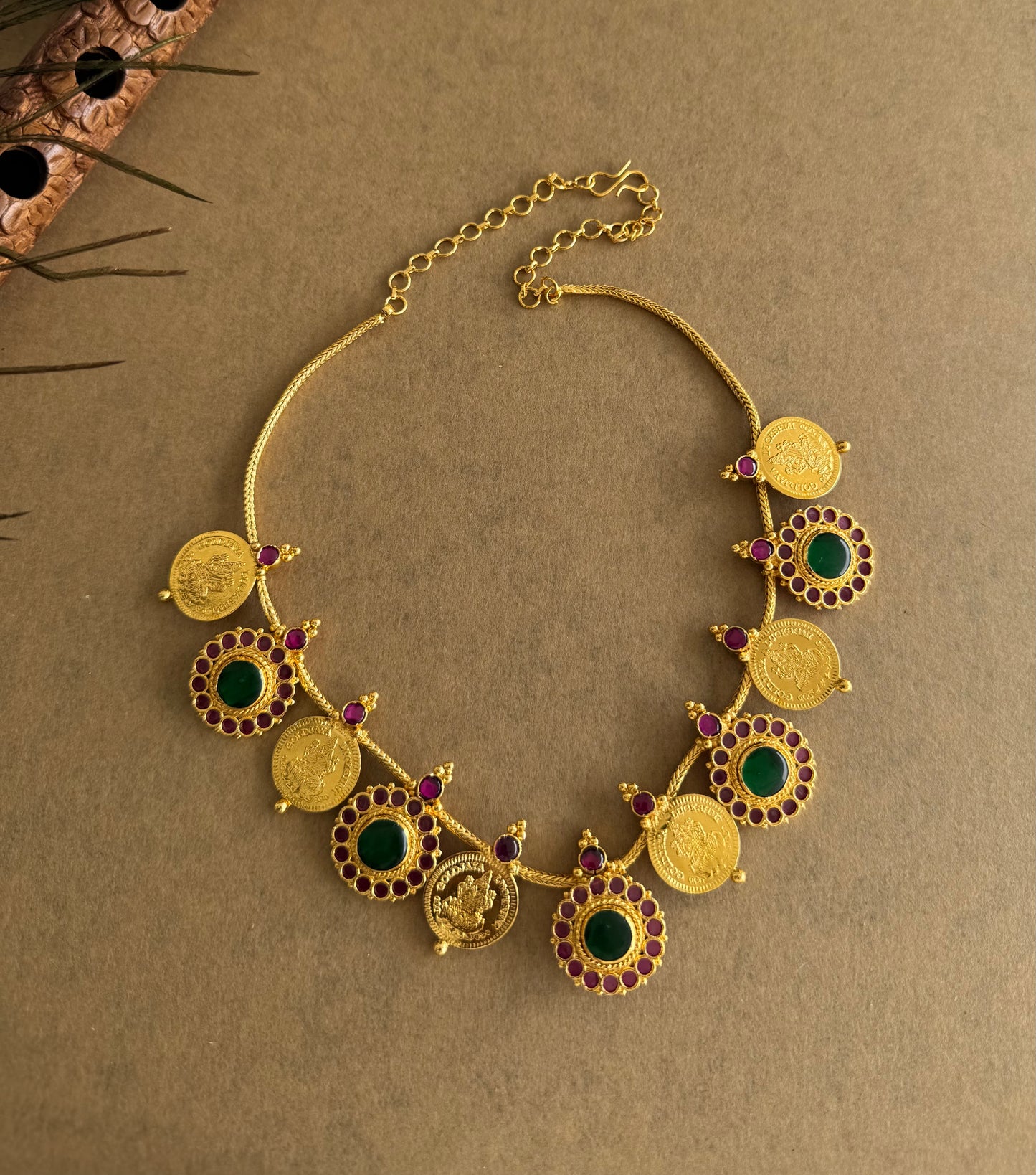 Gold tone kerala style pink-green round lakshmi coin necklace dj-51691