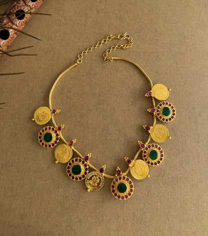 Gold tone kerala style pink-green round lakshmi coin necklace dj-51691
