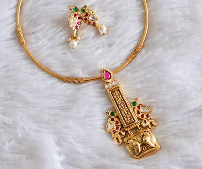 Antique gold tone pink-green peacock jadau hasli necklace set dj-51834