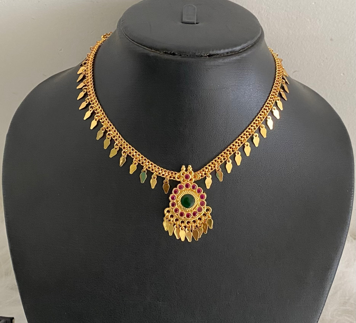 Gold tone pink-green stone elakka thali necklace  dj-54486