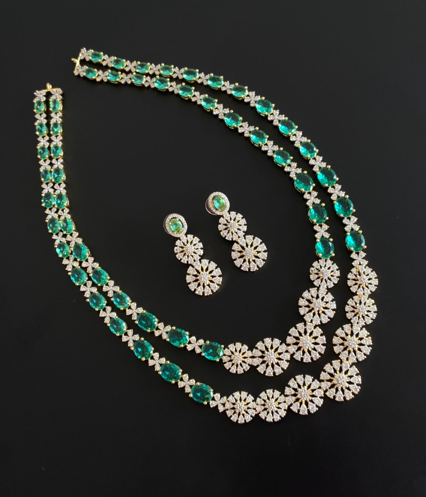 Two tone cz peacock green stone double layer short haar set dj-54411