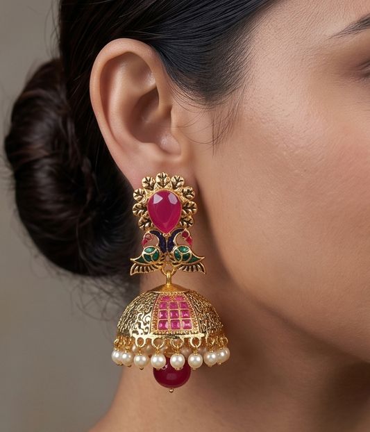 Antique gold tone Ruby Pearl Peacock Jhumkka -dj12147