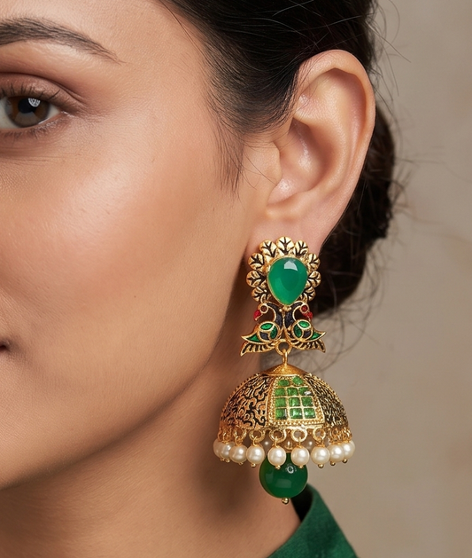 Antique gold tone Emerald Pearl Peacock Jhumkka -dj12148