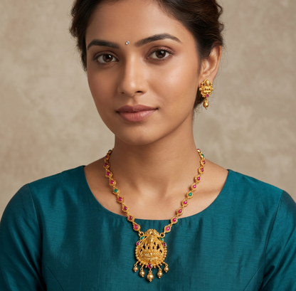 Gold Tone Kemp-green Lakshmi Necklace With Screw Back Earrings-dj12167