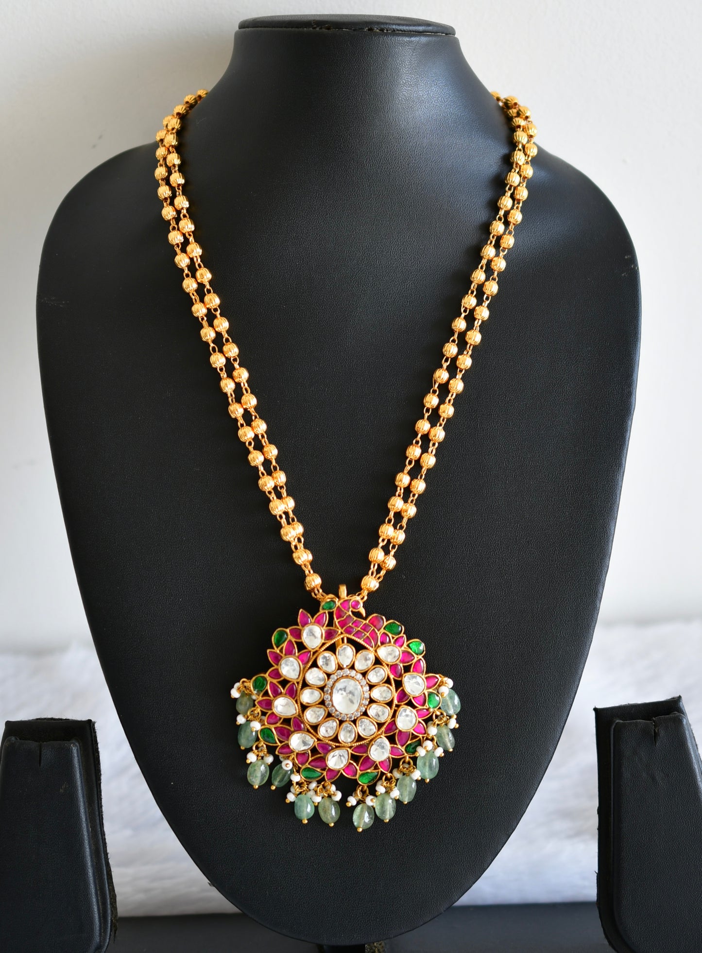 Gold tone pink-green-white kundan jadau peacock necklace dj-52581