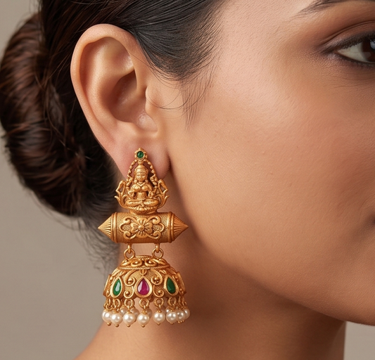Matte finish ruby-emerald pearl Lakshmi jhumkka dj-12244