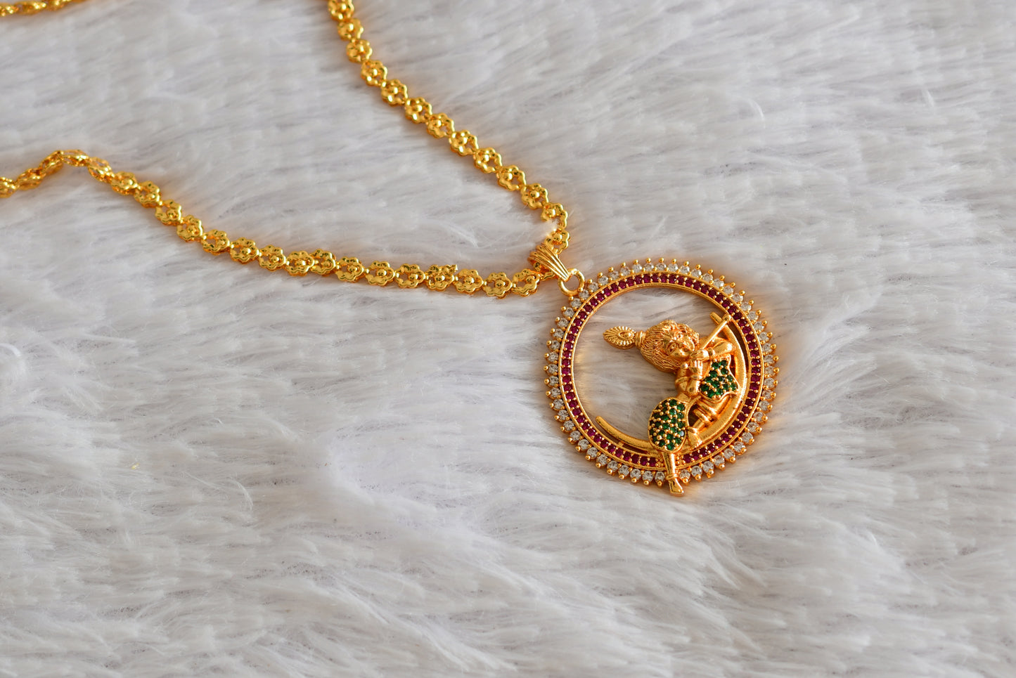 Gold tone 24 inches chain with ruby-green-white krishna round pendant dj-51917