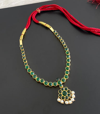 Gold tone AD green stone pearl attigai necklace dj-54749