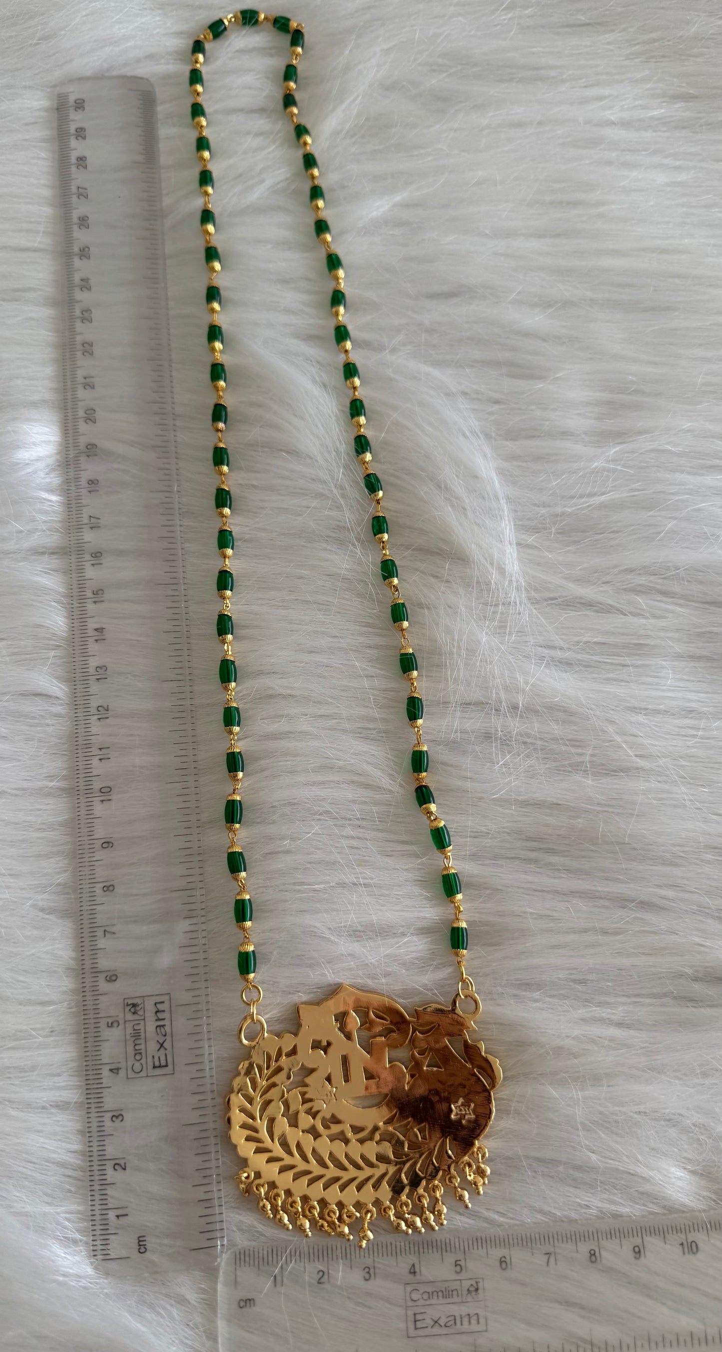 Gold tone 24 inches green beaded chain with AD pink-green Om peacock pendant dj-51192