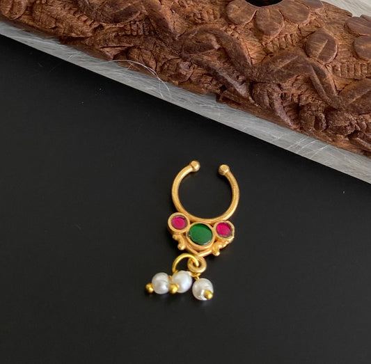 Gold tone kundan jadau pink-green stone pearl nose pin/bulakku dj-53790